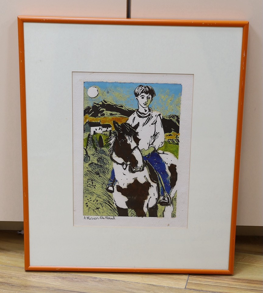 Allison Milner-Gulland, linocut, Horse and rider in a landscape, signed, 23 x 17cm